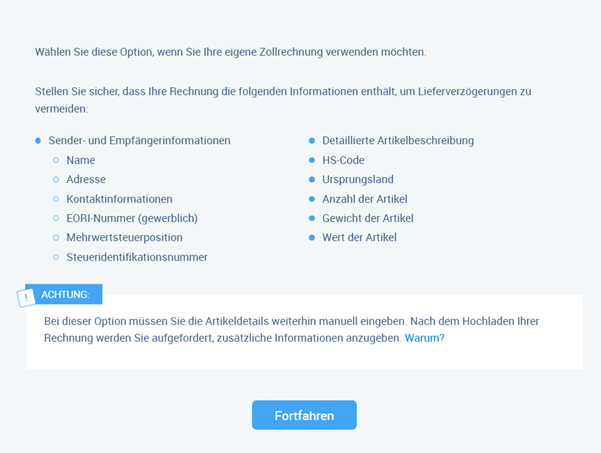 Eigene Zollrechnung hochladen