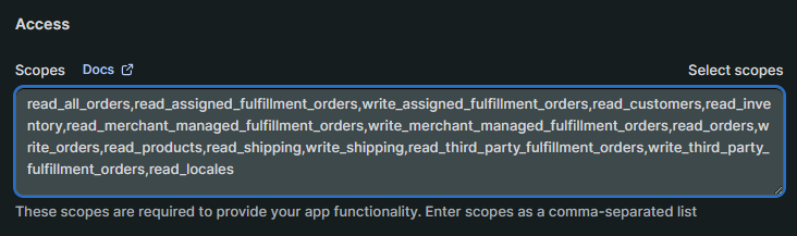 Required Shopify API scopes table