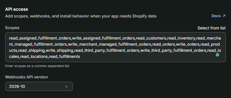 Required Shopify API scopes table