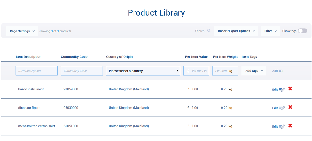 Commodity codes saved in Product Library