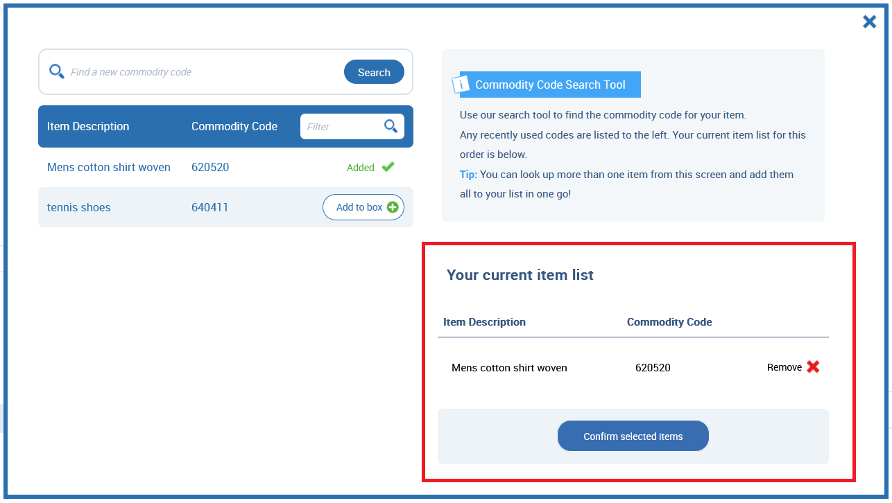 Commodity Code Finder with current item list and confirm button on the right