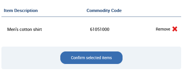 Current list of items - Confirm Selected Items button