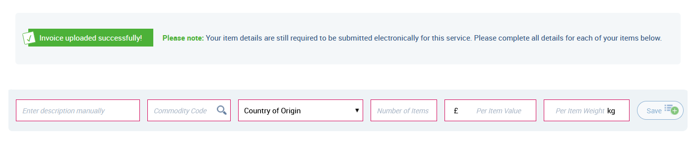 Enter manually after uploading customs invoice