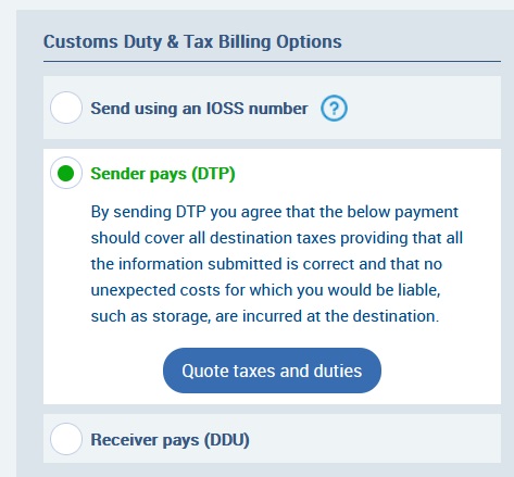 Deliver Taxes Paid option with quote button