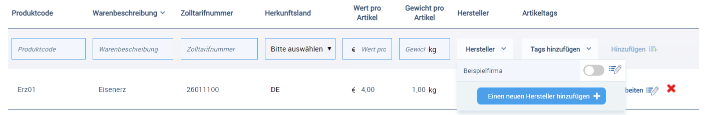 Adding manufacturer details in the Product Library