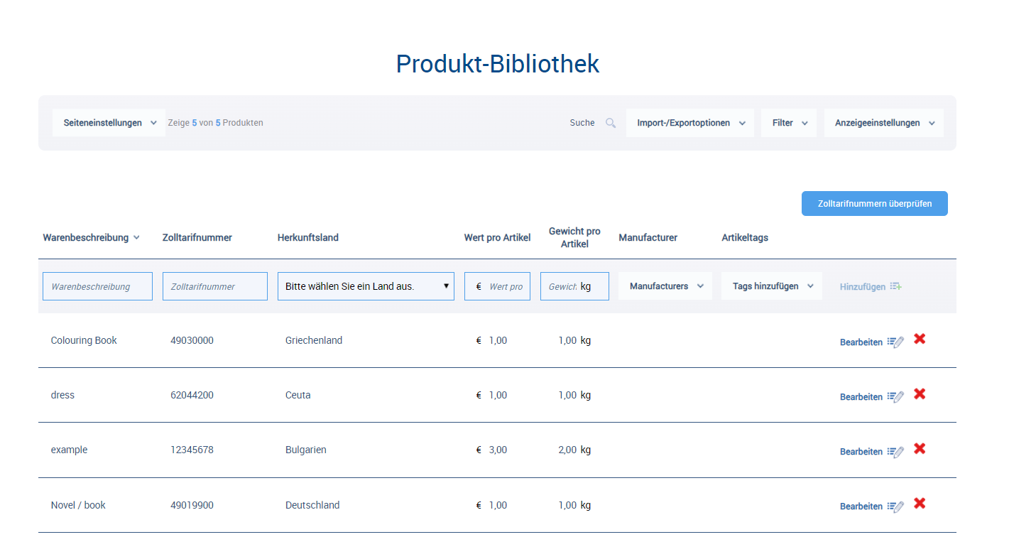 Zolltarifnummern Produktbibliothek